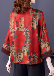 Handmade Red Original Design Mandarin Collar Print Silk Blouses Long Sleeve