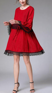 Handmade Red Patchwork Chiffon flare sleeve Summer Mini Dresses - SooLinen