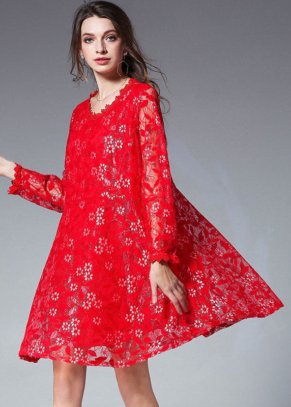 Handmade Red Patchwork O-Neck  Fall Lace Dress