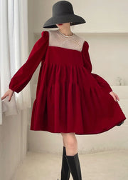 Handmade Red Patchwork Velour Mini Dress Spring