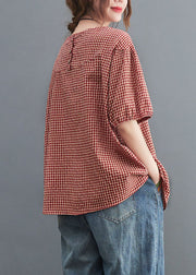 Handmade Red Plaid O Neck Patchwork Cotton T Shirt Top Short Sleeve
