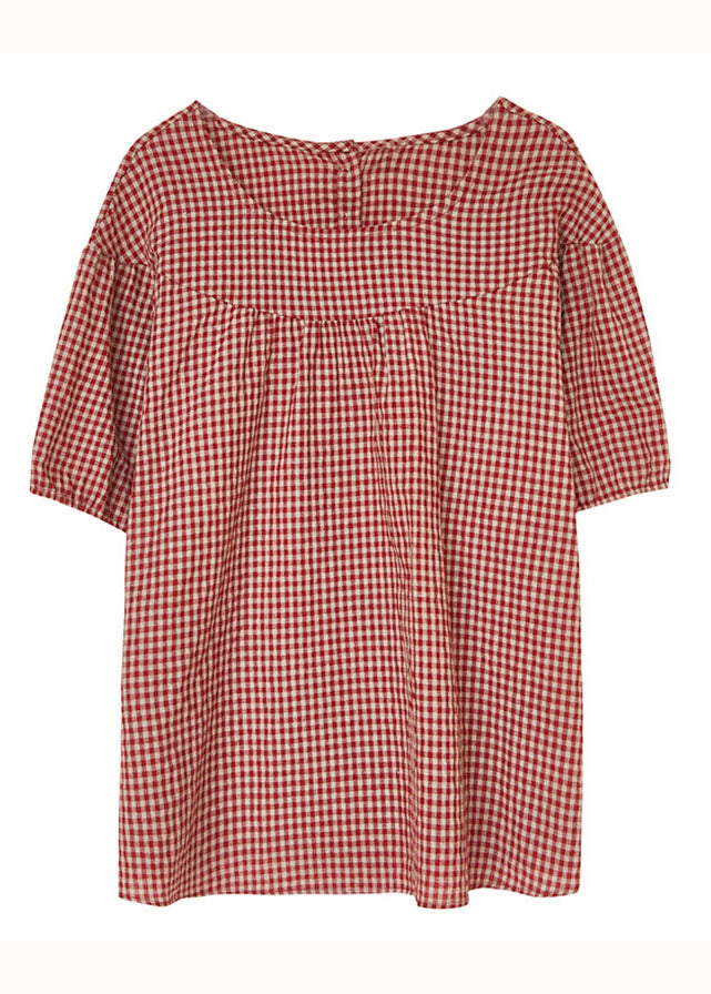 Handmade Red Plaid O Neck Patchwork Cotton T Shirt Top Short Sleeve