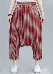 Handmade Red Plaid Pockets Patchwork Cotton Crop Pants Summer