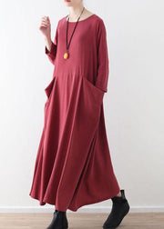 Handmade Red Pockets Long sleeve Loose Dress Fall - SooLinen