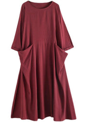 Handmade Red Pockets Long sleeve Loose Dress Fall - SooLinen