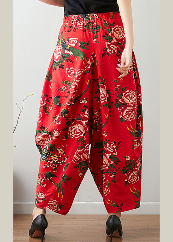 Handmade Red Print Cozy Waist Wide Pants