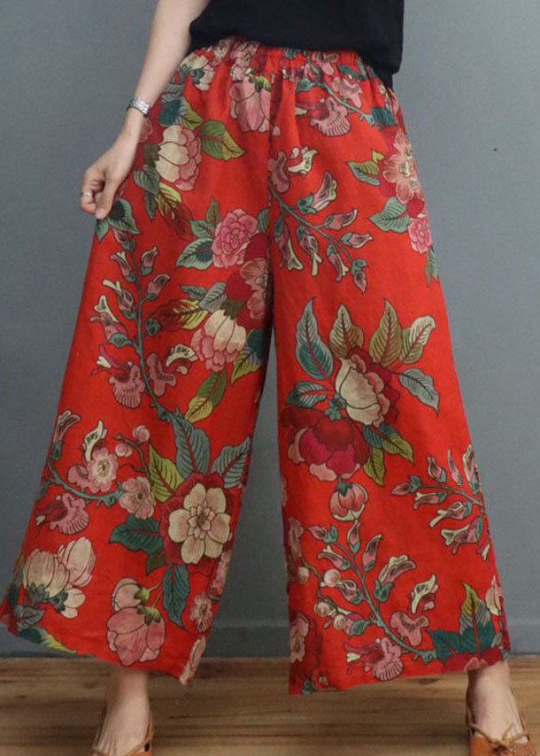 Handmade Red Print Linen wide leg pants Spring