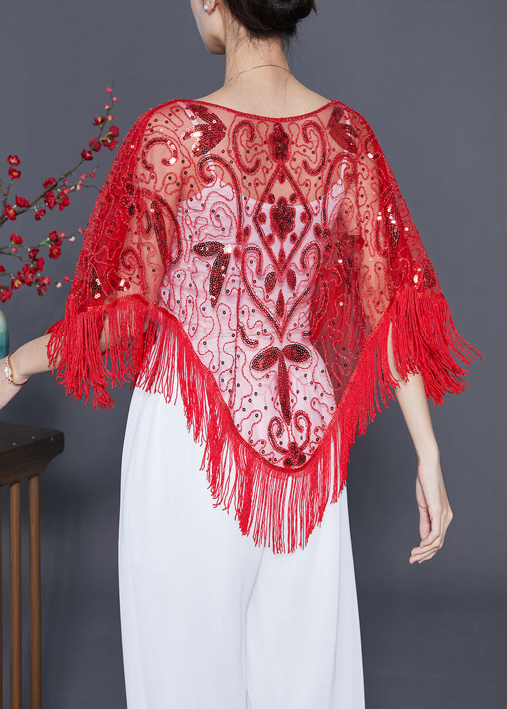Handmade Red Sequins Tassel Tulle Tops Summer
