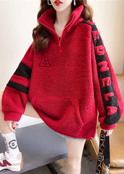 Handmade Red Stand Collar Pockets Patchwork Graphic Embroidered Zippered Faux Fur Sweatshirts Winter