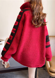 Handmade Red Stand Collar Pockets Patchwork Graphic Embroidered Zippered Faux Fur Sweatshirts Winter