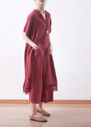 Handmade Red Striped Silk Patchwork 2 Piece Outfit Summer - SooLinen