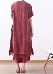 Handmade Red Striped Silk Patchwork 2 Piece Outfit Summer - SooLinen