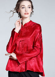 Handmade Red Tasseled Chinese Button Jacquard Patchwork Silk Shirts Spring