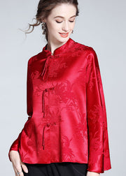 Handmade Red Tasseled Chinese Button Jacquard Patchwork Silk Shirts Spring