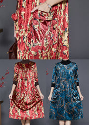 Handmade Red Turtle Neck Print Silk Velour Vacation Dresses Spring