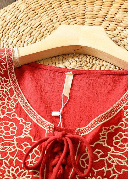 Handmade Red V Neck Embroidered Lace Up Wrinkled Patchwork Linen Tops Short Sleeve