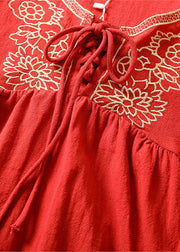 Handmade Red V Neck Embroidered Lace Up Wrinkled Patchwork Linen Tops Short Sleeve