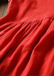 Handgemachte rote V-Ausschnitt bestickte Schnürung faltige Patchwork-Leinen-Oberteile mit kurzen Ärmeln