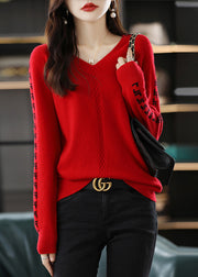 Handmade Red V Neck Jacquard Patchwork Woolen Sweaters Fall