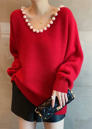 Handmade Red V Neck Nail Bead Thick Knit Sweaters Fall