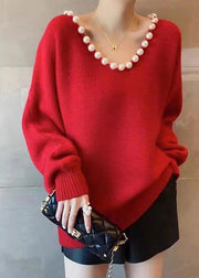Handmade Red V Neck Nail Bead Thick Knit Sweaters Fall