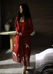 Handmade Red V Neck Print Tie Waist Ice Silk Robe And Vest Two Piece Set Spring