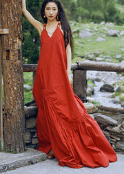 Handmade Red V Neck Wrinkled Mopping Slip Dresses Summer
