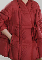 Handgefertigter roter V-Ausschnitt mit Taillenbund Entendaunenmantel Winter