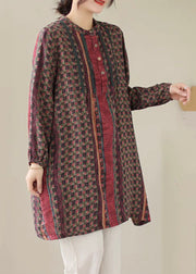 Handmade Red Wrinkled Print Cotton Mid Shirts Dress Spring