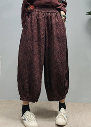Handmade Red elastic waist pocket Print Linen lantern Pants Spring
