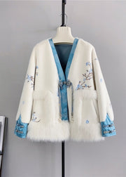 Handmade Retro Blue V Neck Tasseled Mink Cashmere Coats Winter