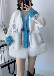 Handmade Retro Blue V Neck Tasseled Mink Cashmere Coats Winter