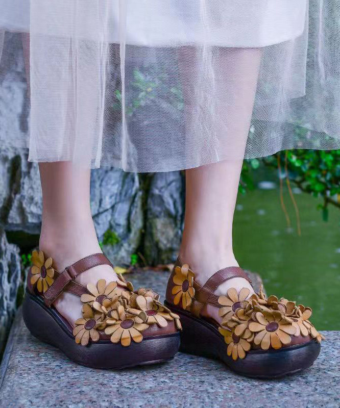 Handmade Retro Cowhide Leather Sandals Splicing Floral