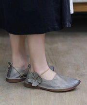 Handmade Retro Floral Flat Shoes For Women Brown Cowhide Leather