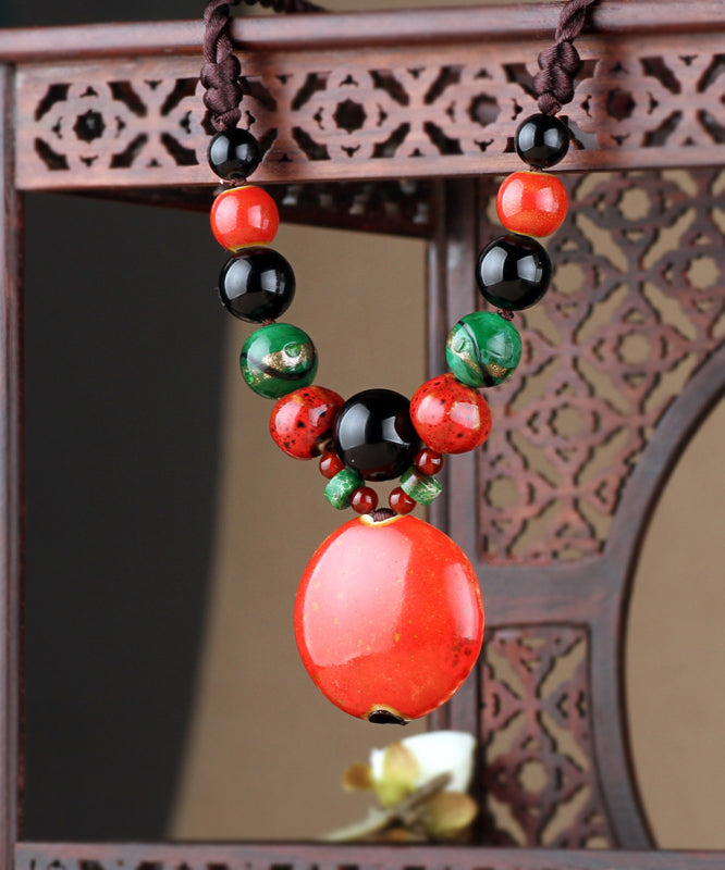 Handmade Retro Patchwork Red Jade Pendant Necklace