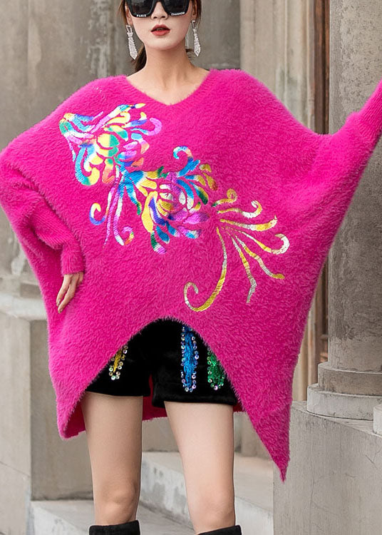 Handmade Rose Bat Wing Sleeve Print Asymmetrical Design Fall Knit Sweater