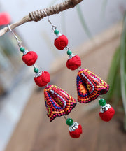 Handmade Red Cotton Linen Embroidered Floral Drop Earrings