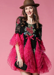 Handmade Rose Embroidered Organza Patchwork Lace Dress Summer