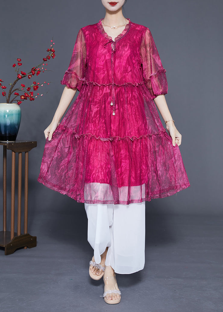 Handmade Rose Ruffled Exra Large Hem Chiffon Party Dress Half Sleeve