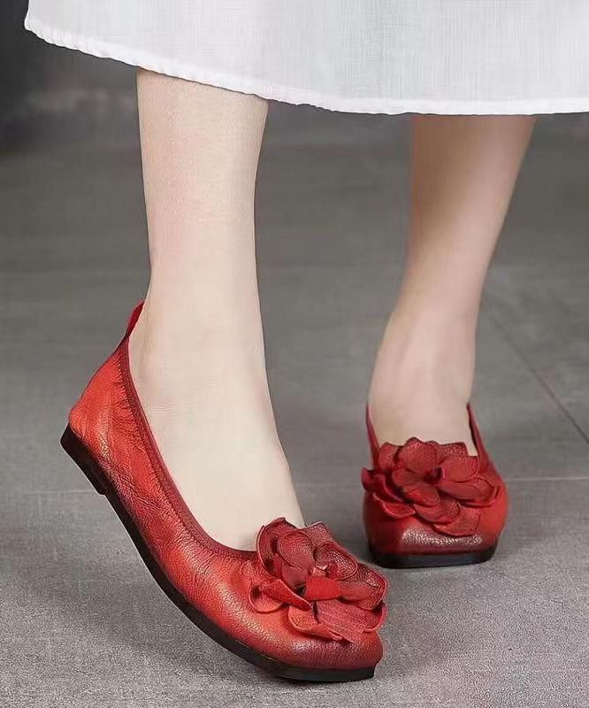 Handmade Sheepskin Red Flat Feet Shoes Splicing Floral