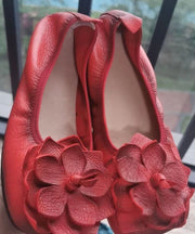 Handmade Sheepskin Red Flat Feet Shoes Splicing Floral