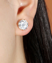 Handmade Silk Silver Inlaid Zircon Round Stud Earrings