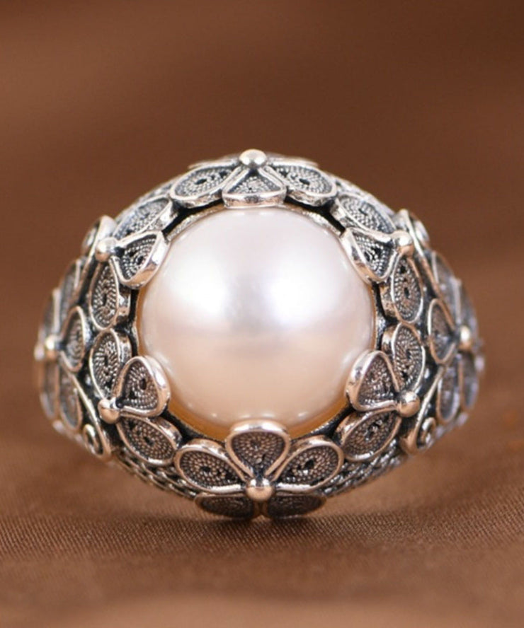Handmade Silk Sterling Silver Inlaid Pearl Floral Rings