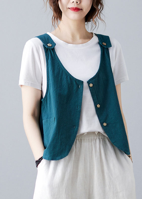 Handmade Sky Blue Button Pockets Solid Color Linen Vests Sleeveless