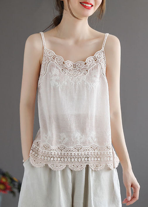 Handmade Solid White Lace Patchwork Cotton Spaghetti Strap Tops Summer