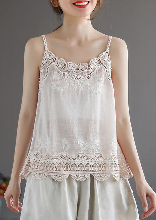 Handmade Solid White Lace Patchwork Cotton Spaghetti Strap Tops Summer