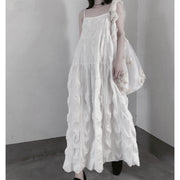 Handmade Spaghetti Strap Wrinkled Dresses Fabrics White Art Dress - SooLinen