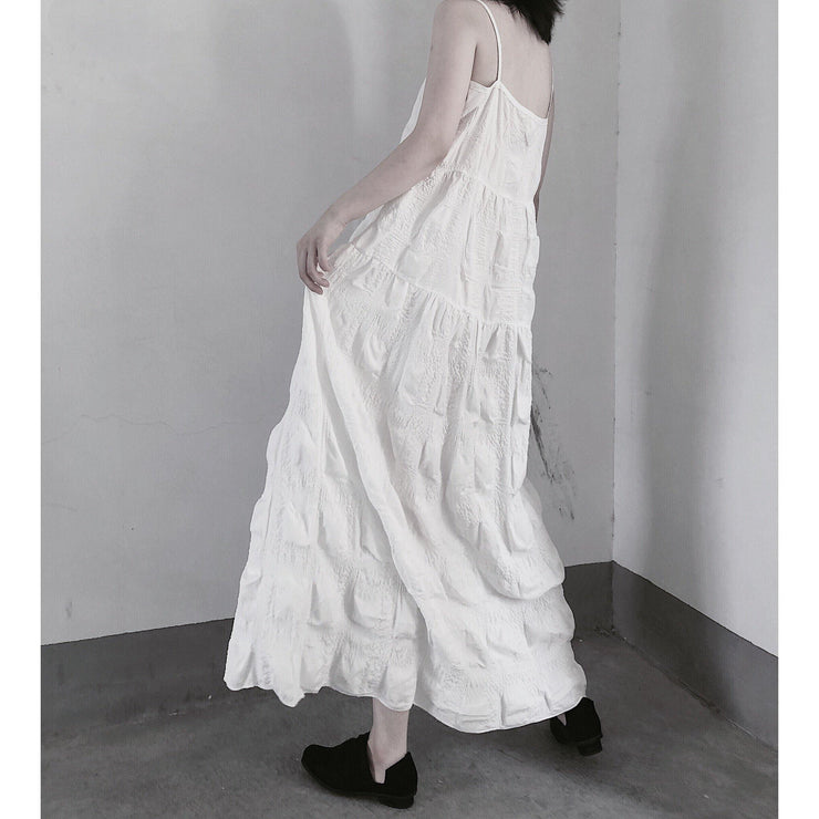 Handmade Spaghetti Strap Wrinkled Dresses Fabrics White Art Dress - SooLinen