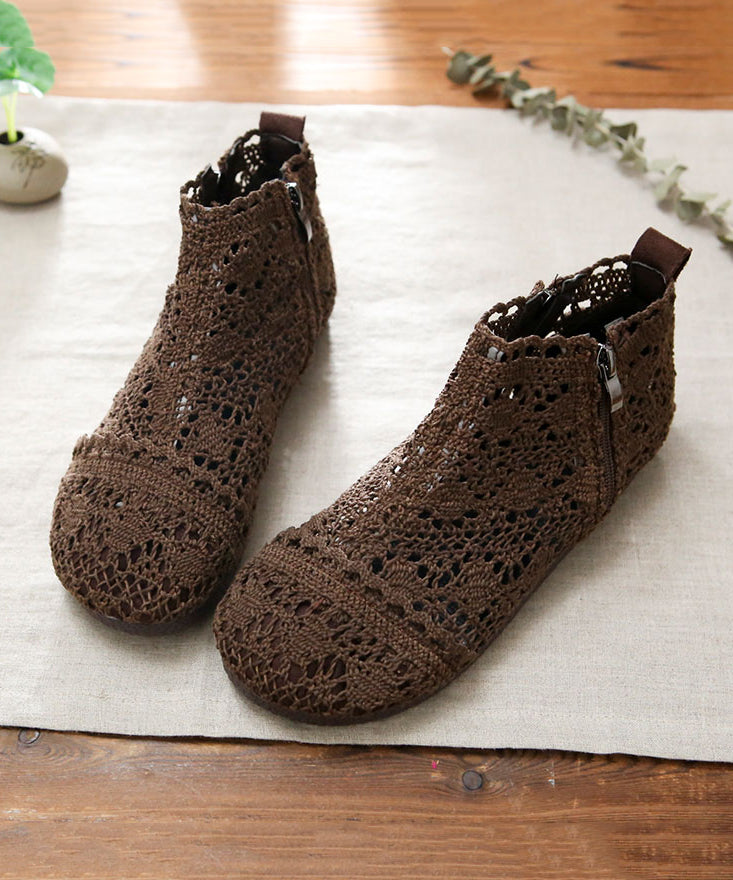 Handmade Splicing Boots Khaki Hollow Out Breathable Mesh