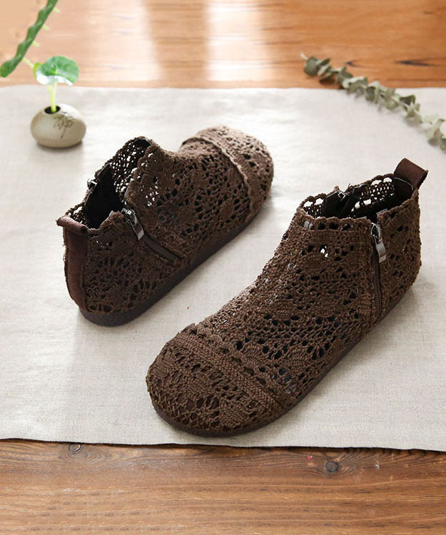 Handmade Splicing Boots Khaki Hollow Out Breathable Mesh